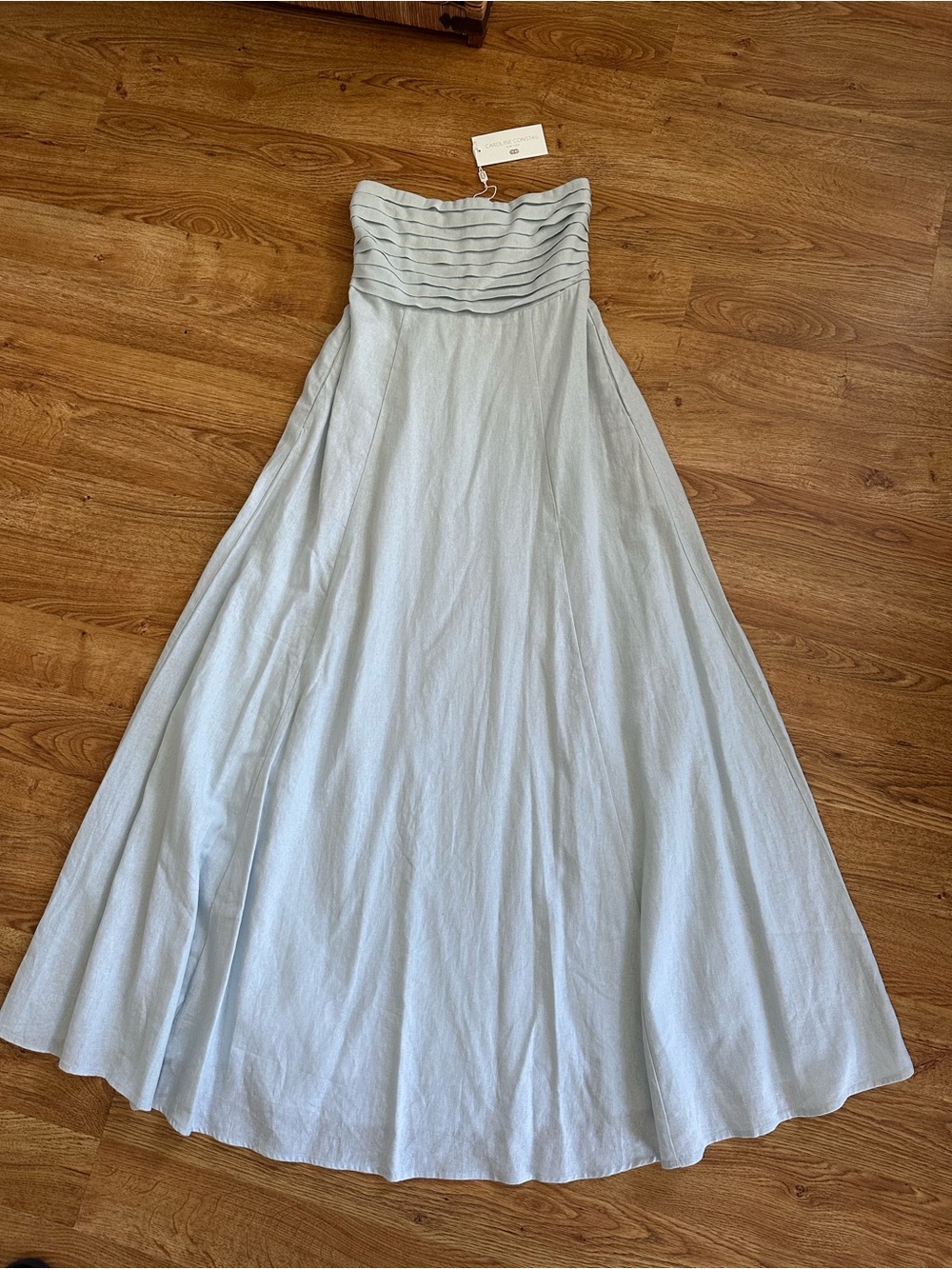 New Caroline Constas Strapless Pleated Maxi Dress S Linen Blend Baby Blue - Picture 3 of 12